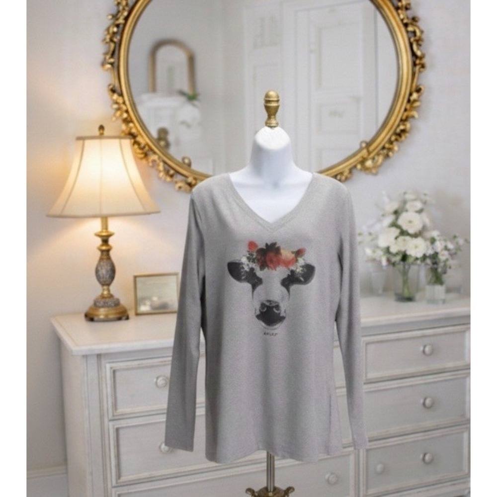 New ARIAT REAL Cow Moodonna T-shirt Tee Pullover Size Large Heather Grey Graphic